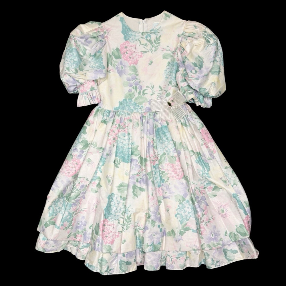 Vintage Size 10 Puff sleeve Dress Girls Pastel Floral Garden Party Tea USA